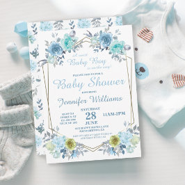 Invitación Floral azul de bonito es un niño Baby Shower