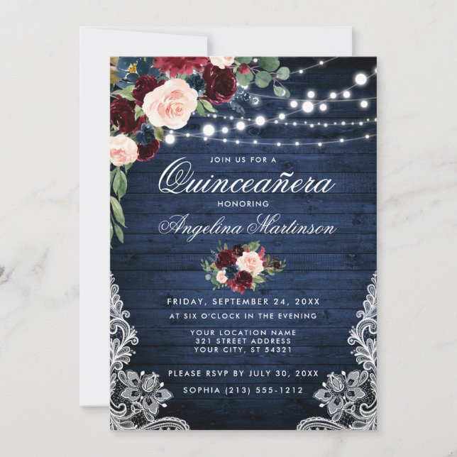 Invitación Floral azul de borgoña de la madera de Quinceanera (Anverso)
