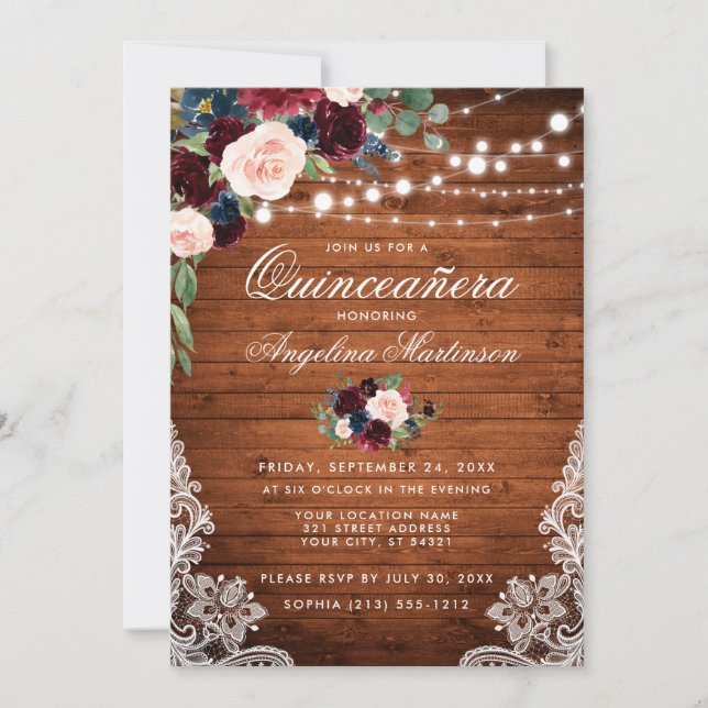 Invitación Floral azul de borgoña de la madera de Quinceanera (Anverso)