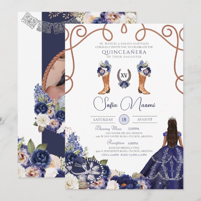 Invitación Floral azul de Charro Foto Quinceañera (Anverso / Reverso)