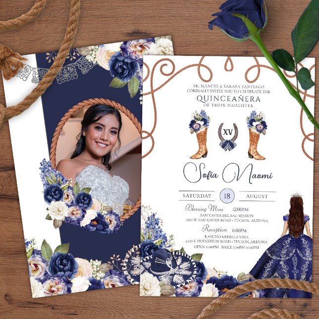 Invitación Floral azul de Charro Foto Quinceañera (Subido por el creador)