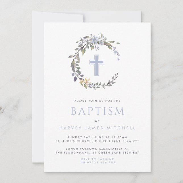 Invitación Floral azul de flores y bautismo cruzado de bebé (Anverso)