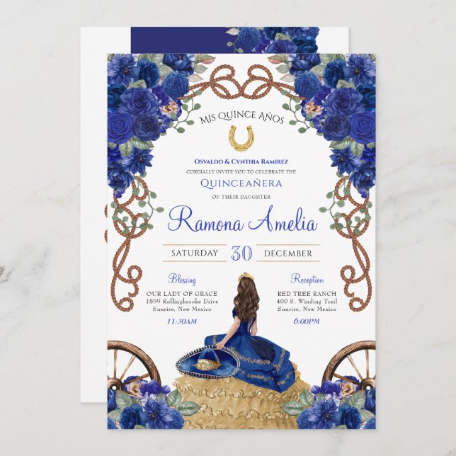 Invitación Floral azul de la marina Charra Occidental Quincea (Anverso / Reverso)