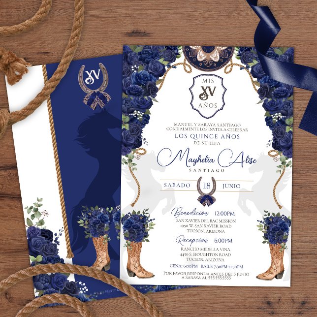 Invitación Floral azul de la marina Charro Occidental Quincea (Subido por el creador)