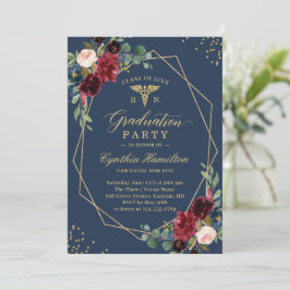 Invitación Floral azul de la marina de oro para graduados RN
