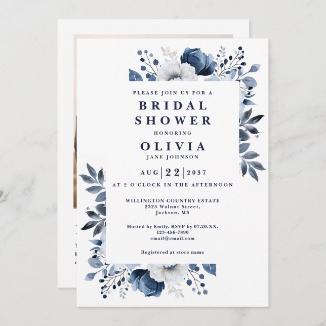 Invitación Floral azul de la Marina Ducha de novia Foto Códig (Anverso / Reverso)