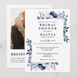 Invitación Floral azul de la Marina Ducha de novia Foto Códig