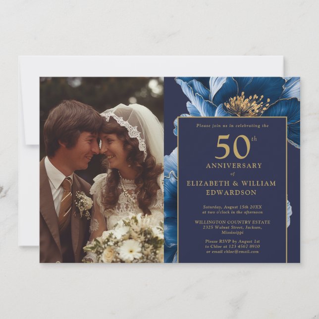 Invitación Floral azul de la Marina Elegante foto del 50 aniv (Anverso)
