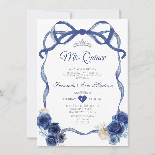 Invitación Floral azul de la marina marco de la flor del arma (Anverso)