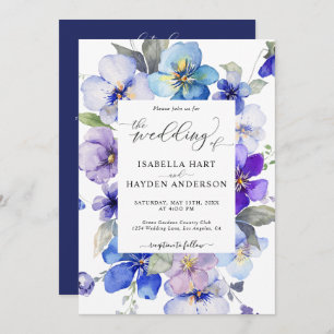 Invitación Floral azul de la marina morada todo en un Boda de