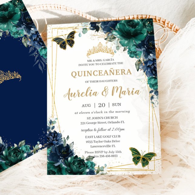 Invitación Floral azul de la Marina Verde Esmeralda de Quince (Subido por el creador)