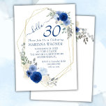 Invitación Floral azul de la Moda Girly 30 cumpleaños<br><div class="desc">Invitaciones florales de color azul marino de moda Girly por 30 años con marco dorado para ella en flores azul bonito.</div>