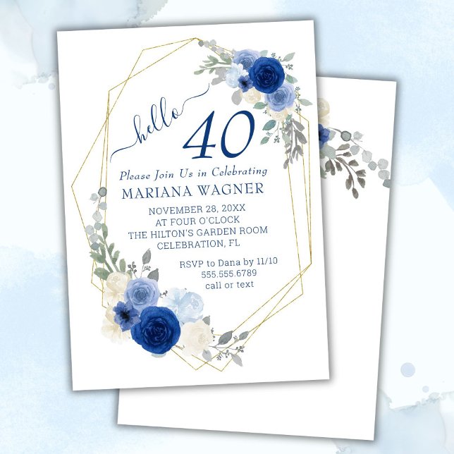 Invitación Floral azul de la Moda Girly 40 cumpleaños (Subido por el creador)