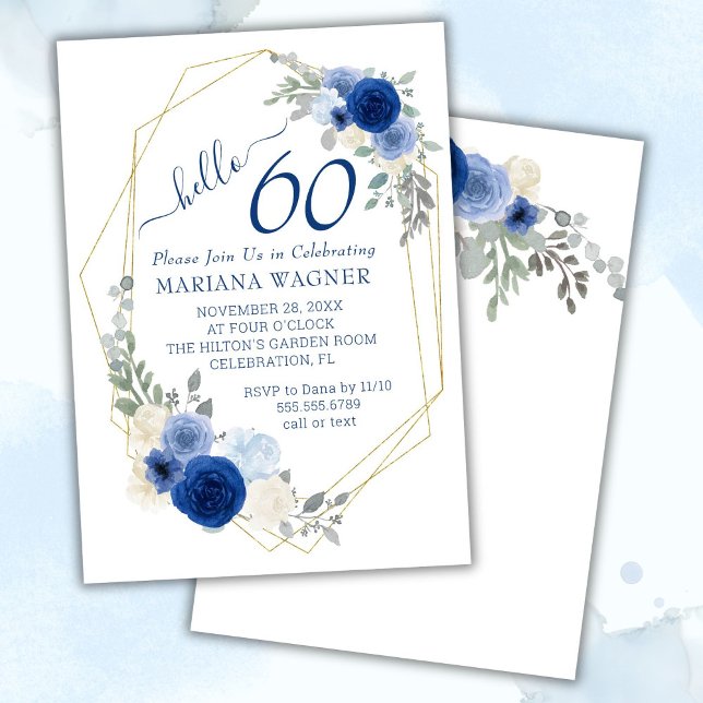Invitación Floral azul de la Moda Girly 60 cumpleaños (Subido por el creador)