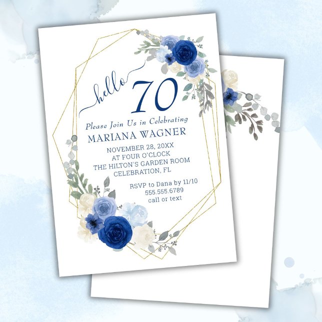 Invitación Floral azul de la Moda Girly 70 cumpleaños (Subido por el creador)