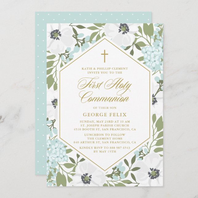 Invitación Floral azul de los Anemones blancos Primera Santa  (Anverso / Reverso)