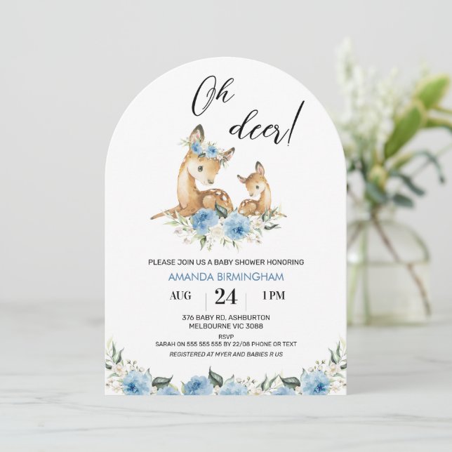Invitación Floral azul de los chicos arqueados Oh Baby Shower (Anverso de pie)