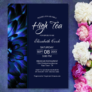 Invitación Floral azul de marina moderna alta ducha de novia