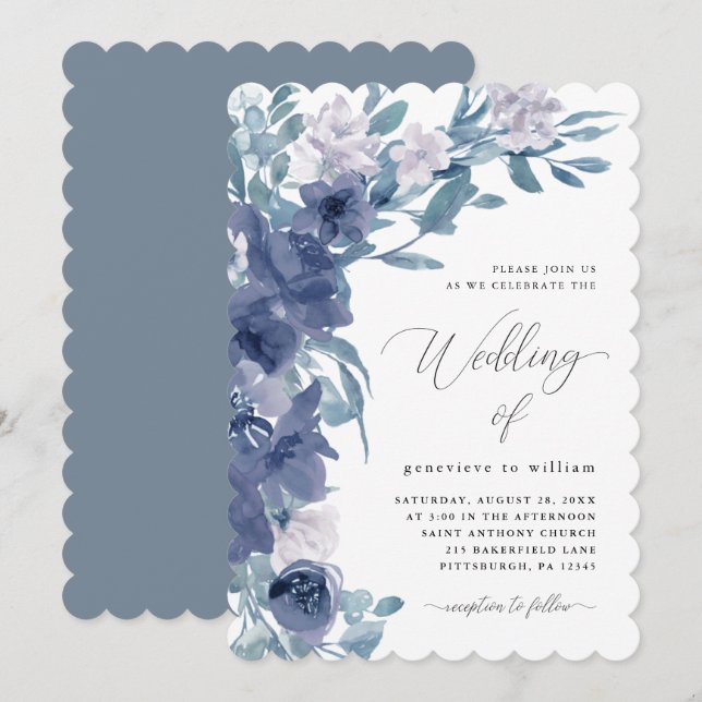 Invitación Floral azul de moda con Boda caligráfico (Anverso / Reverso)