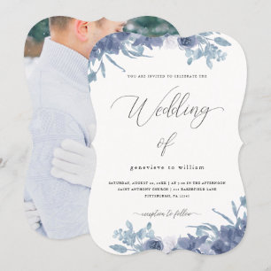 Invitación Floral azul de moda con Boda fotográfico de caligr