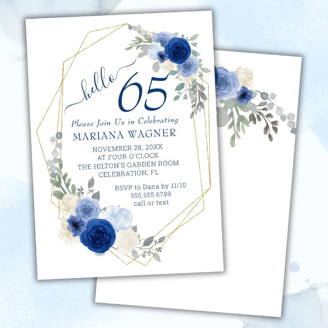 Invitación Floral azul de Moda Girly 65º cumpleaños (Subido por el creador)