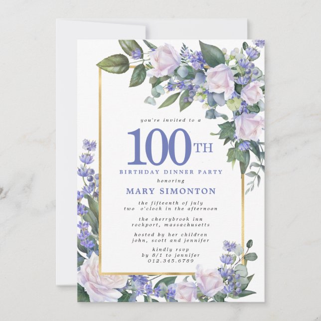 Invitación Floral azul de oro blanco 100 cumpleaños cena (Anverso)