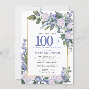 Invitación Floral azul de oro blanco 100 cumpleaños cena