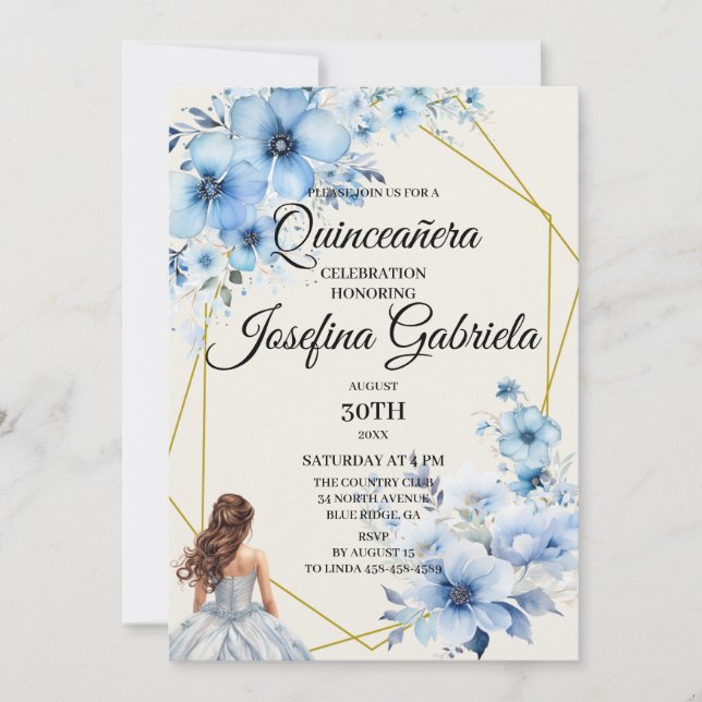 Invitación floral azul de quinceañera (Anverso)