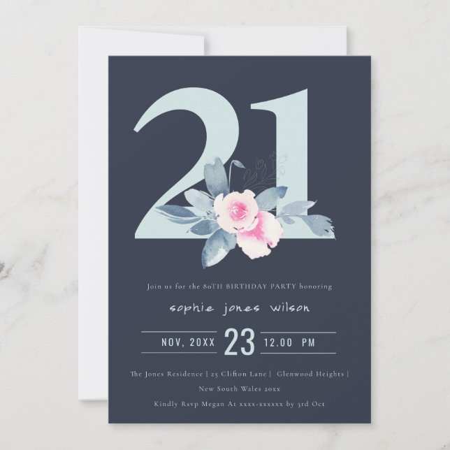 INVITACIÓN FLORAL AZUL DE RUBOR 21ª DE NAVY SUAVE CUALQUIER C (Anverso)