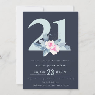 INVITACIÓN FLORAL AZUL DE RUBOR 21ª DE NAVY SUAVE CUALQUIER C