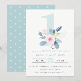 INVITACIÓN FLORAL AZUL DE RUBOR BLANDO 1 ANIVERSARIO DE CUALQ