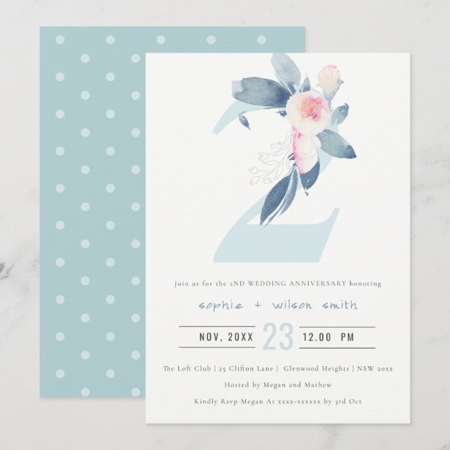 INVITACIÓN FLORAL AZUL DE RUBOR BLANDO 2 AÑO CUALQUIER ANIVER (Anverso / Reverso)