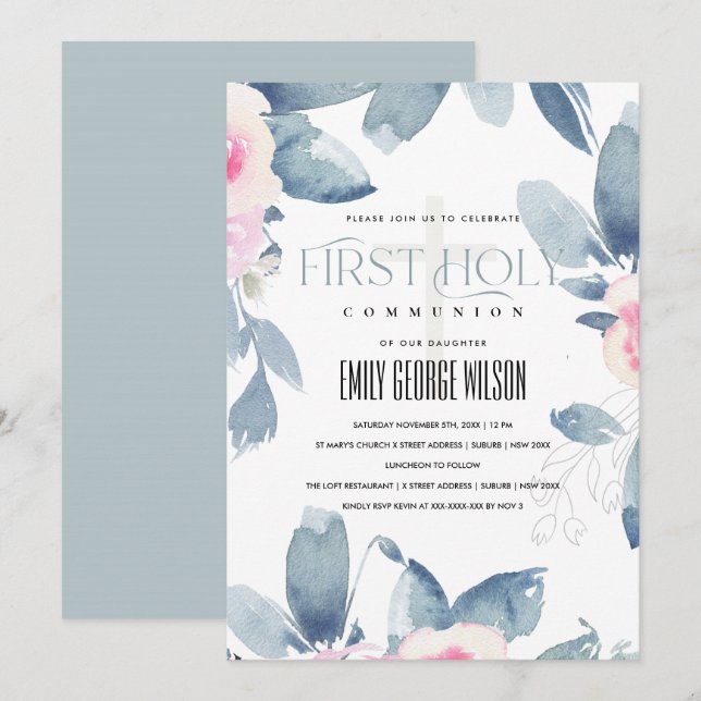 INVITACIÓN FLORAL AZUL DE RUBOR BLANDO PRIMERA COMUNICACIÓN S (Anverso / Reverso)