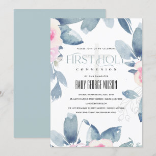 INVITACIÓN FLORAL AZUL DE RUBOR BLANDO PRIMERA COMUNICACIÓN S