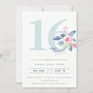 INVITACIÓN FLORAL AZUL DE RUBOR DE AQUÍ SUAVE 16 AÑOS CUALQUI