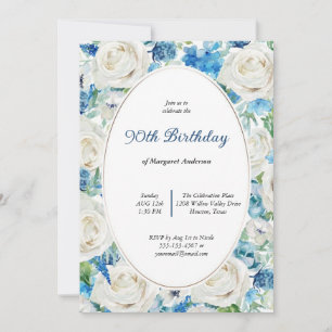 INVITACIÓN FLORAL AZUL DE RUBOR DE AQUÍ SUAVE 80 AÑOS CUALQUI