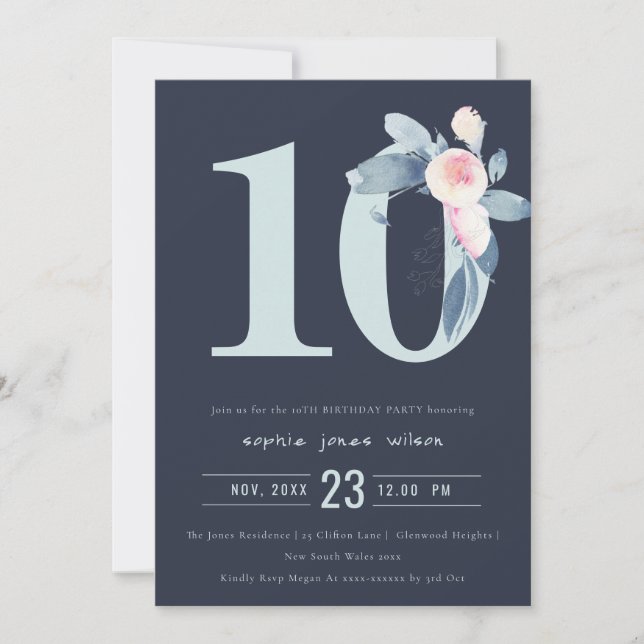 INVITACIÓN FLORAL AZUL DE RUBOR DE NAVY 10 AÑOS CUALQUIER CUM (Anverso)