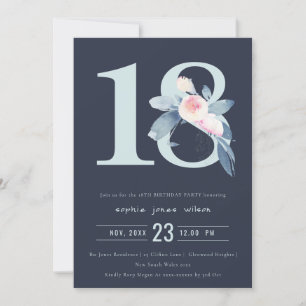 INVITACIÓN FLORAL AZUL DE RUBOR DE NAVY 18 AÑOS CUALQUIER CUM