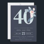 INVITACIÓN FLORAL AZUL DE RUBOR DE NAVY 40 AÑOS CUALQUIER CUM<br><div class="desc">Si necesita más personalización o cualquier otro elemento que coincida,  no dude en ponerse en contacto conmigo en yellowfebstudio@gmail.com</div>