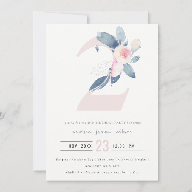 INVITACIÓN FLORAL AZUL DE RUBOR DE ROPA SUAVE 2º CUALQUIER CU (Anverso)