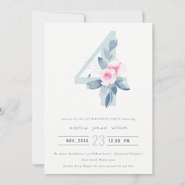 INVITACIÓN FLORAL AZUL DE RUBOR DE ROPA SUAVE CUALQUIER CUMPL (Anverso)