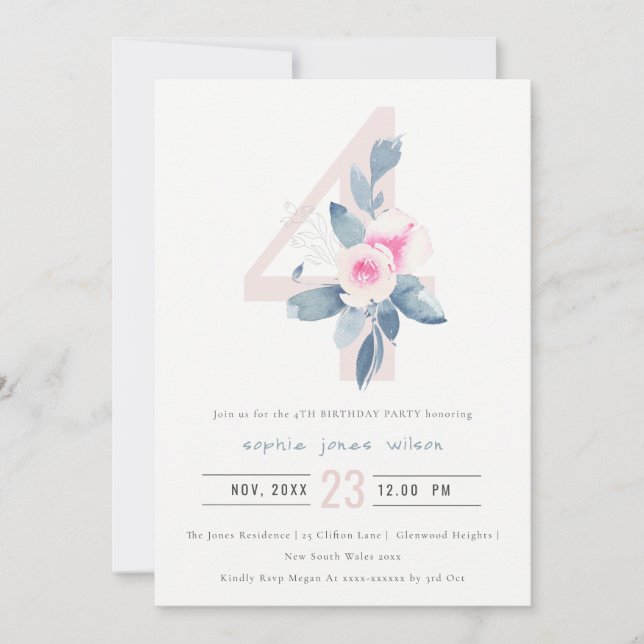 INVITACIÓN FLORAL AZUL DE RUBOR DE ROPA SUAVE CUALQUIER CUMPL (Anverso)