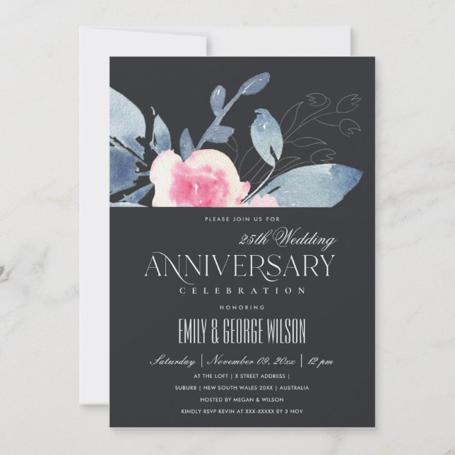 INVITACIÓN FLORAL AZUL DE RUBOR NEGRO 25 AÑO CUALQUIER ANIVER (Anverso)