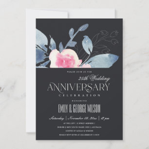 INVITACIÓN FLORAL AZUL DE RUBOR NEGRO 25 AÑO CUALQUIER ANIVER