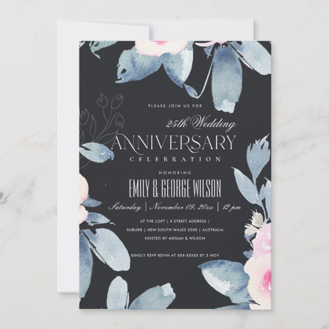 INVITACIÓN FLORAL AZUL DE RUBOR NEGRO 25 AÑO CUALQUIER ANIVER (Anverso)