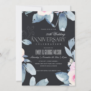 INVITACIÓN FLORAL AZUL DE RUBOR NEGRO 25 AÑO CUALQUIER ANIVER