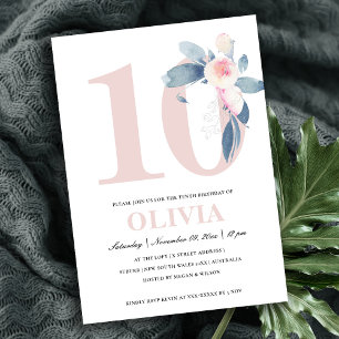 INVITACIÓN FLORAL AZUL DE RUBOR ROSA BLANDA 10 CUALQUIER CUMP