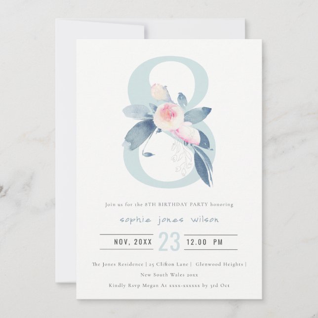 INVITACIÓN FLORAL AZUL DE RUBOR ROSA BLANDA 8 CUALQUIER CUMPL (Anverso)
