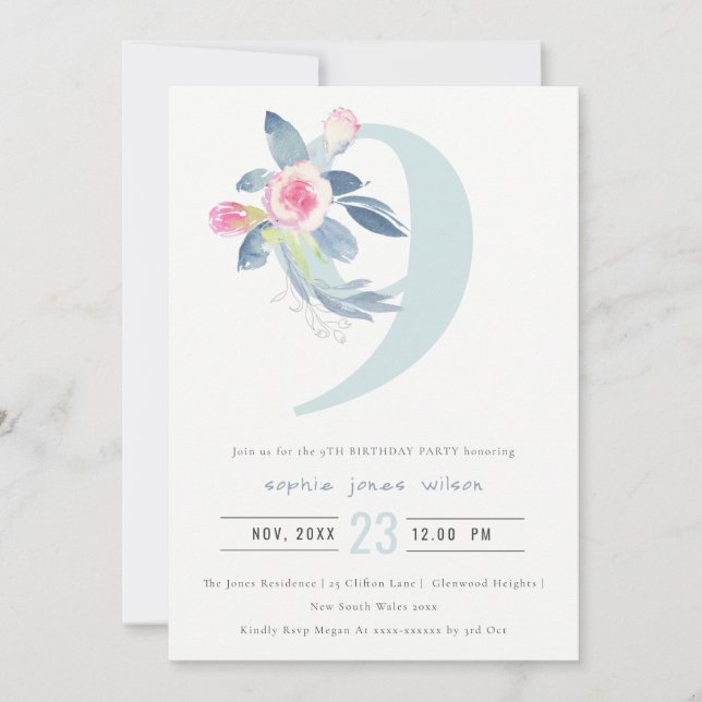 INVITACIÓN FLORAL AZUL DE RUBOR ROSA BLANDA 9 CUALQUIER CUMPL (Anverso)