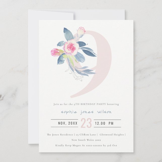 INVITACIÓN FLORAL AZUL DE RUBOR ROSA BLANDA 9 CUALQUIER CUMPL (Anverso)